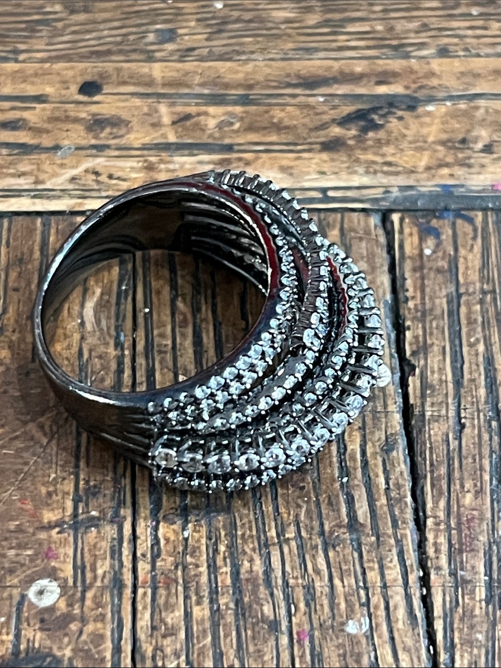 Elegant Black and Silver Multi-Row Crystal Ring 925, size 10